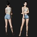 Women in Lace Crop Top and Denim Shorts with Strappy High Heels Front Back View