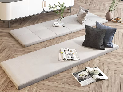 Modern Living Room Beige Floor Cushions with Gray Blue Pillows Open Magazines and Green Plants 3d model