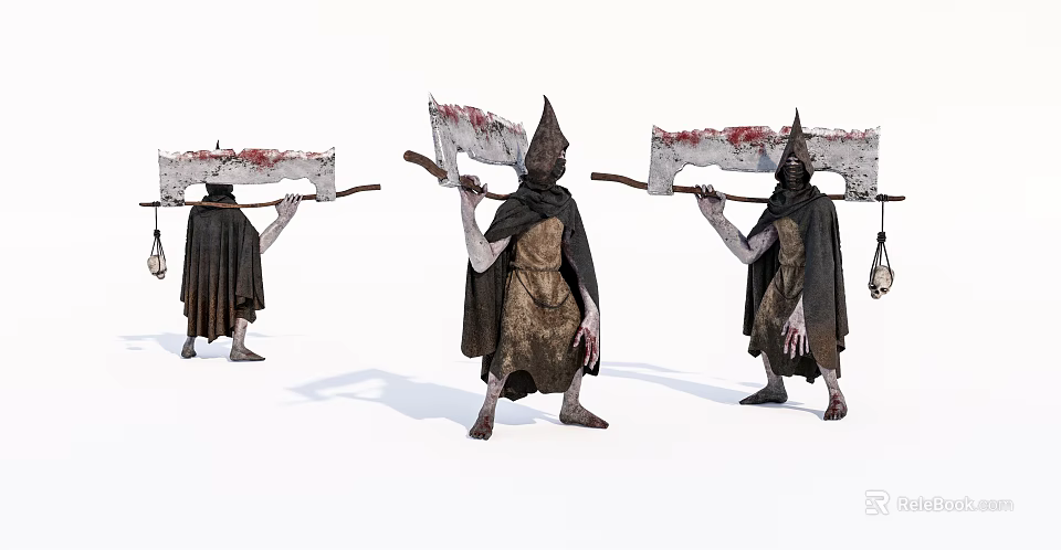 Gothic Horror Sculptures With Pointed Hats Cloaks Large Axes And Bloodstains 3d model 