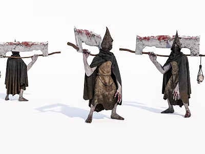 Gothic Horror Sculptures With Pointed Hats Cloaks Large Axes And Bloodstains 3d model