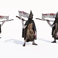 Gothic Horror Sculptures With Pointed Hats Cloaks Large Axes And Bloodstains
