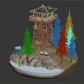 Cartoon Scene of Wooden Watchtower with Green Trees and Truck on Rocky Base
