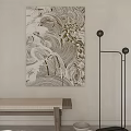 Modern Restaurant Interior With Large Decorative Painting Wooden Bench Floor Lamp And Sunlight Patterns