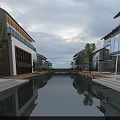Modern Commercial Street With Canal Modern Buildings Glass Facades Trees And Water Reflections