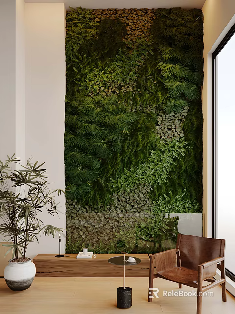 Lush Indoor Living Plant Wall With Mixed Greenery And Decorative Plants 3d model 