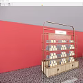Elegant Display Shelves With Metal Frame Wooden Base And Stacked Boxes On Patterned Floor