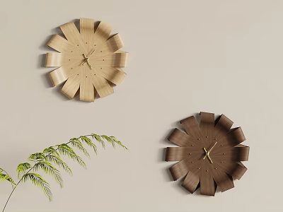 Flower Shaped Wooden Clocks in Light and Dark Wood on Light Wall with Green Fern Plant 3d model