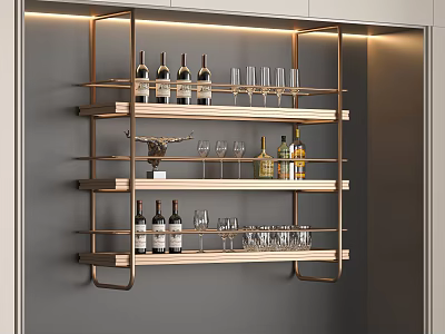 Layered Gold Metal Wall Mounted Wine Rack With Wine Bottles Glasses And Decorative Ornament 3d model