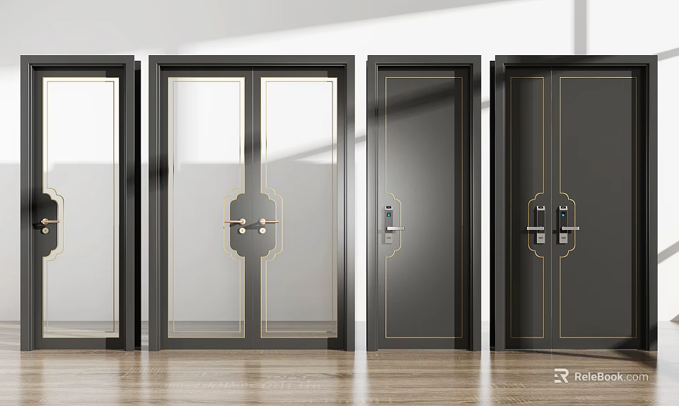 Modern Black Frame Swing Doors With Glass And Solid Panels And Gold Hardware 3d model