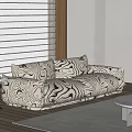 Stylish Double Sofa With Abstract Black White Pattern And White Blinds Wooden Frame Floor Lamp