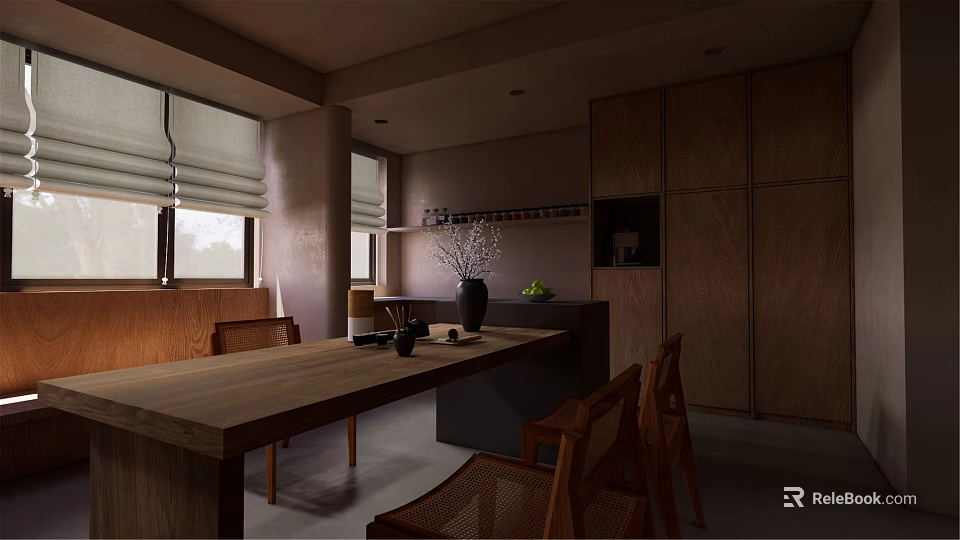 Modern Restaurant Interior With Wooden Long Table Chairs Dark Cabinets And Window Blinds 3d model 