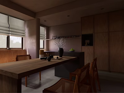Modern Restaurant Interior With Wooden Long Table Chairs Dark Cabinets And Window Blinds 3d model