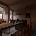 Modern Restaurant Interior With Wooden Long Table Chairs Dark Cabinets And Window Blinds