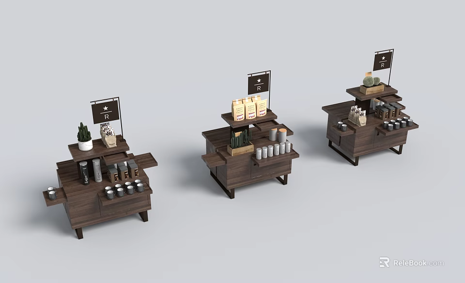 Wooden Retail Display Shelves With Multiple Product Displays Bottles Cans And Signage For Store 3d model 