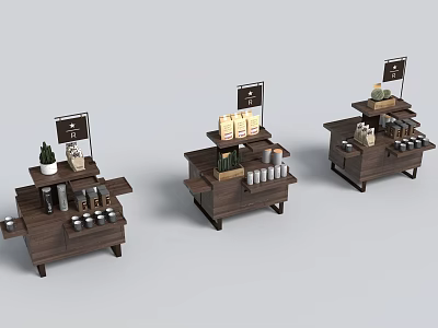 Wooden Retail Display Shelves With Multiple Product Displays Bottles Cans And Signage For Store 3d model