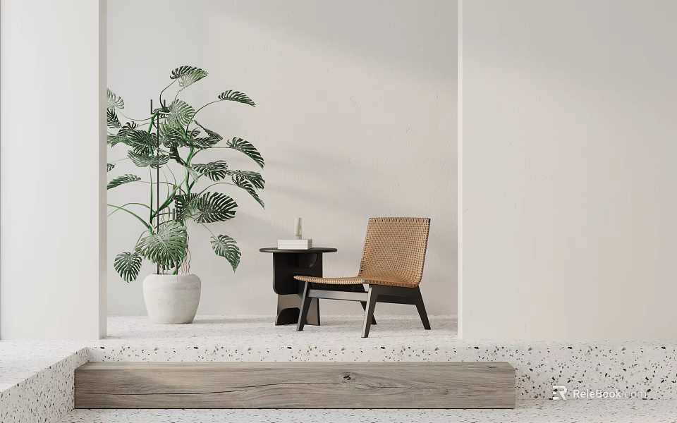 Minimalist Accent Chair With Woven Design Wooden Legs Natural Light Side Table And Green Plant 3d model 