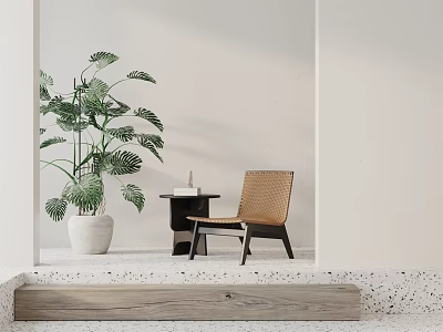 Minimalist Accent Chair With Woven Design Wooden Legs Natural Light Side Table And Green Plant 3d model