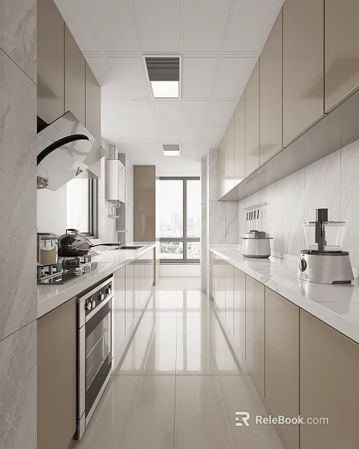 Modern Kitchen Interior With Light Colored Cabinets White Countertops Natural Light And Appliances 3d model 