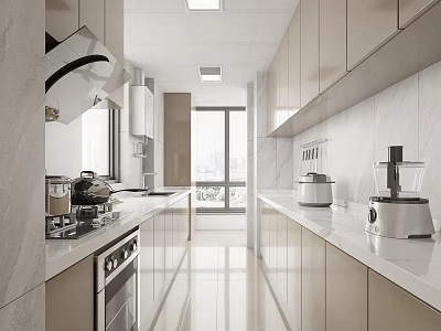 Modern Kitchen Interior With Light Colored Cabinets White Countertops Natural Light And Appliances 3d model