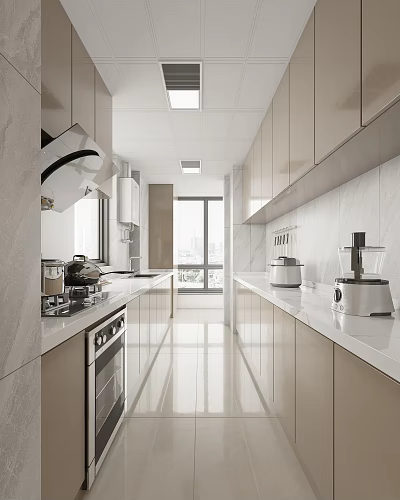 Modern Kitchen Interior With Light Colored Cabinets White Countertops Natural Light And Appliances 3d model