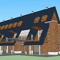 Modern House Exterior With Triangular Black Roof Wooden And Brick Walls Large Windows And Balcony