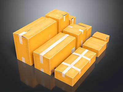 Yellow Cardboard Boxes Of Various Sizes Secured With White Packing Tape 3d model