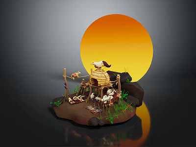 Rustic Sunset Country Scene With Wooden Hut Bird Green Grass And Stones 3d model