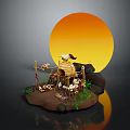Rustic Sunset Country Scene With Wooden Hut Bird Green Grass And Stones