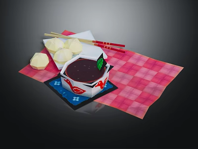 Bowl of Red Soup with White Dumplings and Chopsticks on Red Checkered Cloth 3d model