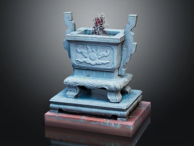 Decorative Ornament Set Blue Incense Burner With Carved Patterns Double Ear Design And Red Base 3d model