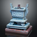 Decorative Ornament Set Blue Incense Burner With Carved Patterns Double Ear Design And Red Base