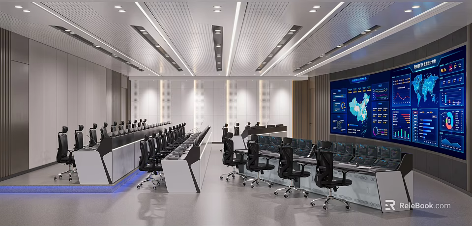 Modern Control Room Interior With Multiple Consoles Monitor Screens And Ergonomic Chairs 3d model 