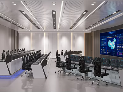 Modern Control Room Interior With Multiple Consoles Monitor Screens And Ergonomic Chairs 3d model
