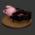 Pink Cartoon Character With Closed Eyes Leaning On Black Piano On Round Wooden Platform