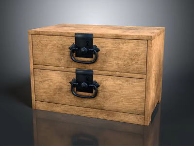 Solid Wooden Bedside Table With Two Drawers And Black Metal Handles 3d model