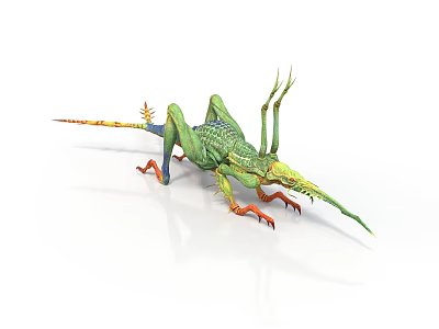 Fantasy Reptile With Green Body Colorful Details Long Snout Spiky Structures And Slender Tail 3d model