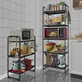 Organized Kitchen Storage Shelves With Microwave Oven Pots Bowls Fruits Vegetables And Coffee Maker