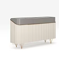 Modern Striped Console Cabinet With Gray Top And Gold Metal Legs For Home Entryway