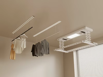 Ceiling Mounted Clothes Hangers Displaying Various Clothes In Indoor Space 3d model
