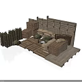 Modern Outdoor Defense Scene With Wooden Fences Sandbags Crates And Wooden Planks Platform