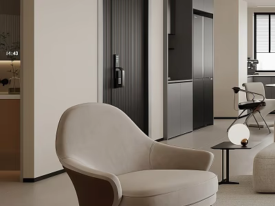 Beige Upholstered Leisure Chair With Curved Design And Side Table In Minimalist Living Room 3d model