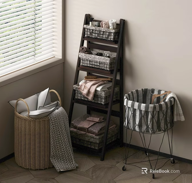 Practical Bathroom Accessories with Ladder Shelf Storage Baskets Towels and Woven Baskets 3d model 