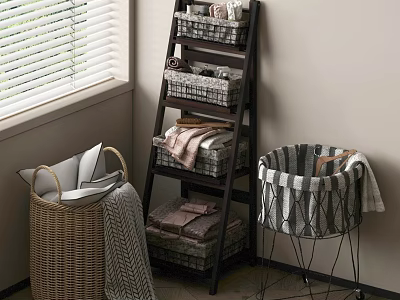 Practical Bathroom Accessories with Ladder Shelf Storage Baskets Towels and Woven Baskets 3d model