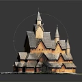 Traditional Wooden Church Building With Multiple Spires And Sloped Snow Covered Roofs