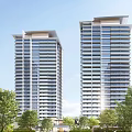 Modern High Rise Residential Buildings by Lake with Trees and Small Boat Reflections