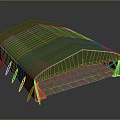 Green Open Front Tent With Flat Top Yellow Edge Straps And Brown Ground