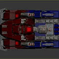 Futuristic Red And Blue Mechanical Vehicle With Multiple Cannons Large Wheels And Red Glowing Accents