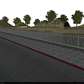 White Railing Along Paved Walkway By Water Area With Green Trees And Hills