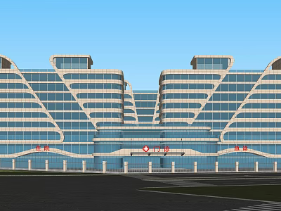Modern Hospital Outpatient Building Exterior With Glass Curtain Walls And Main Entrance 3d model