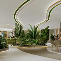 Modern Restaurant Interior With Curved Design Green Plants Gold Accents And Sculpture